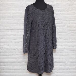 Madewell Charcoal Gray Lace Shift Sheath Dress Sz 8 Long Sleeve Sheer Panel